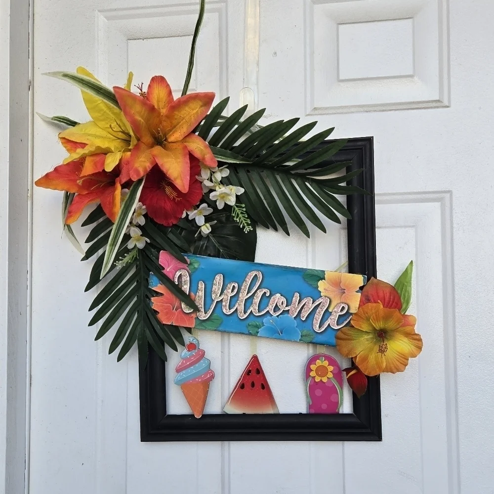 Handmade Tropical Wreath With Welcome Sign Picture Frame Wreath Summer Wreath
